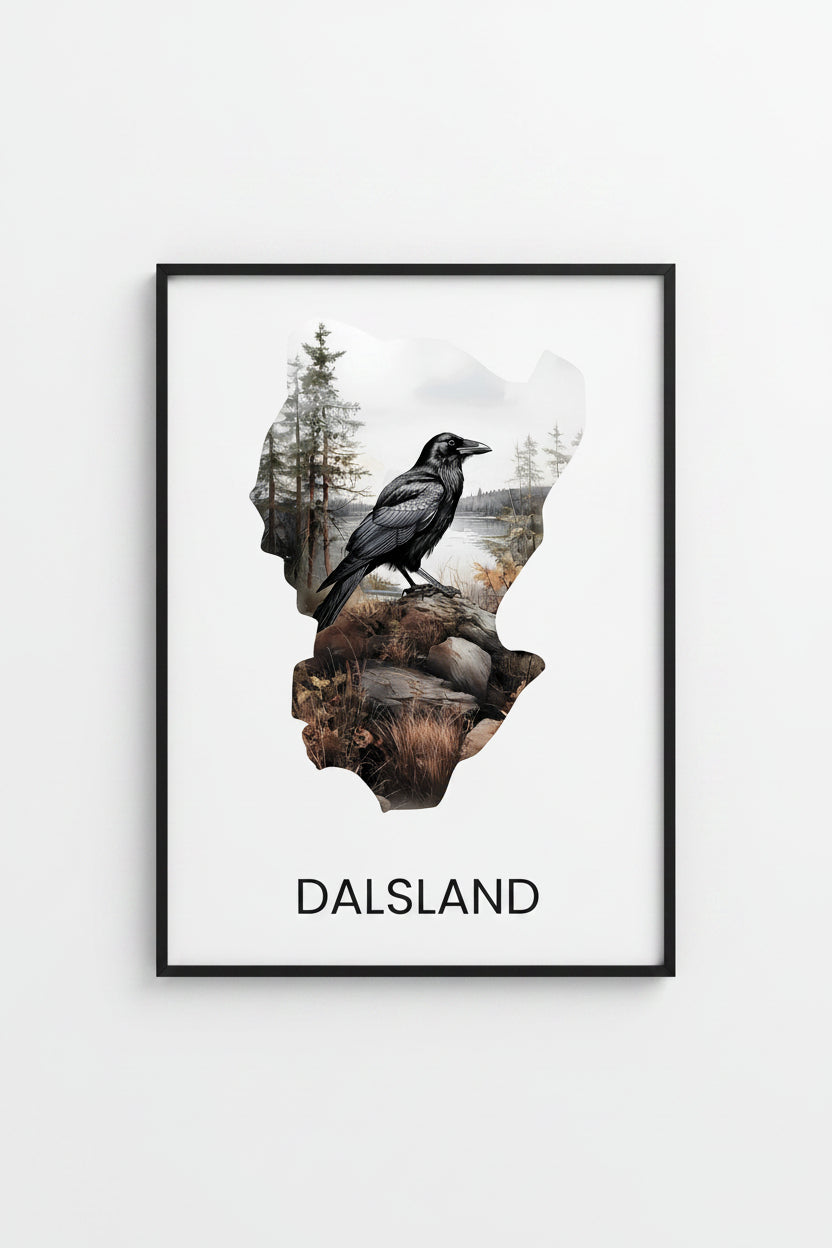Landskapsposter Dalsland – silhuett med ikoniska djur och natur