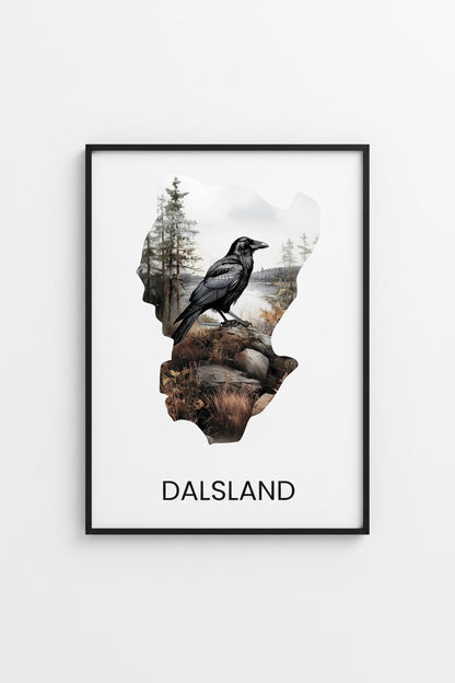 Landskapsposter Dalsland – silhuett med ikoniska djur och natur