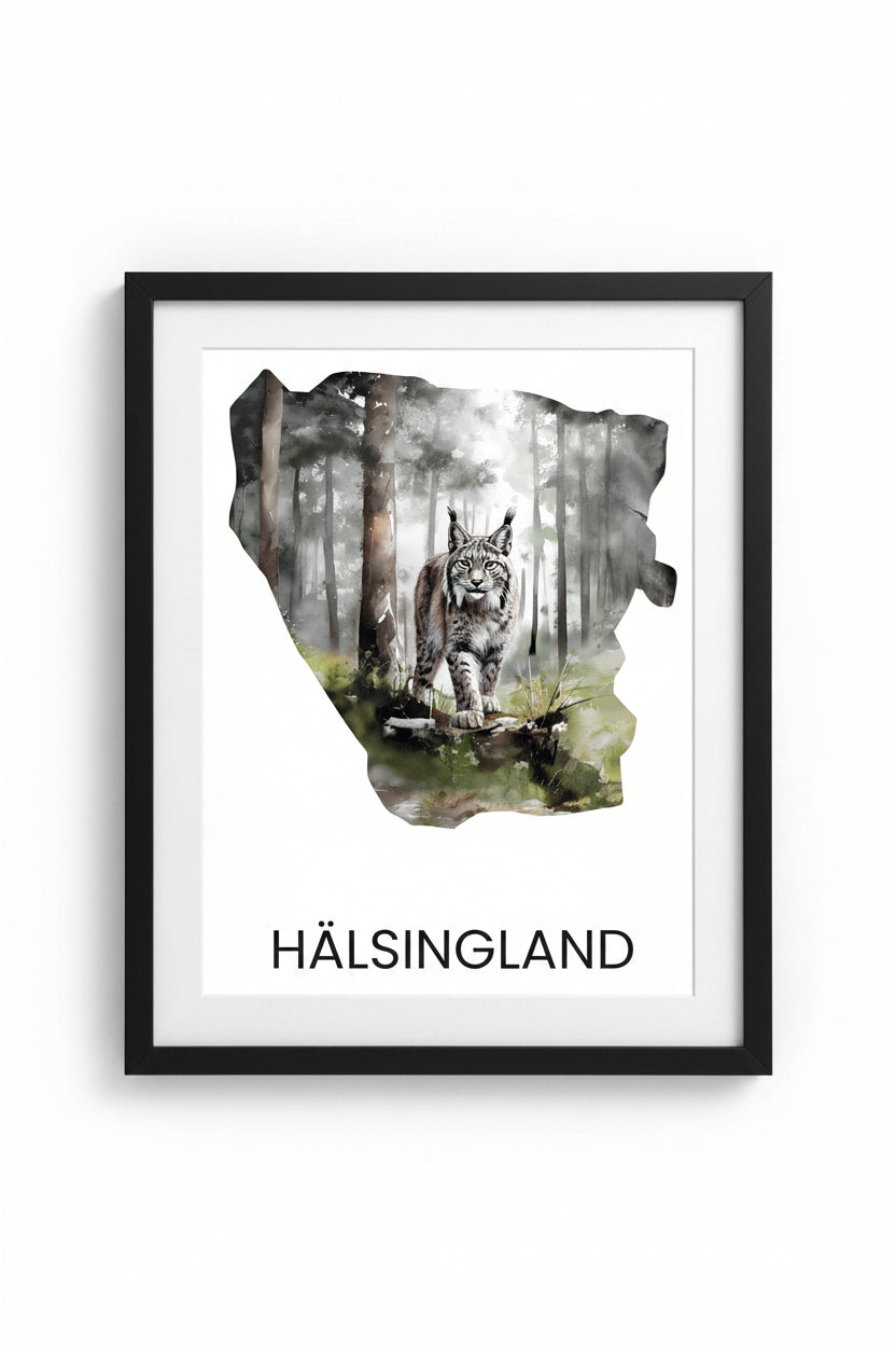 Landskapsposter Hälsingland – silhuett med ikoniska djur och natur