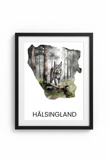 Landskapsposter Hälsingland – silhuett med ikoniska djur och natur