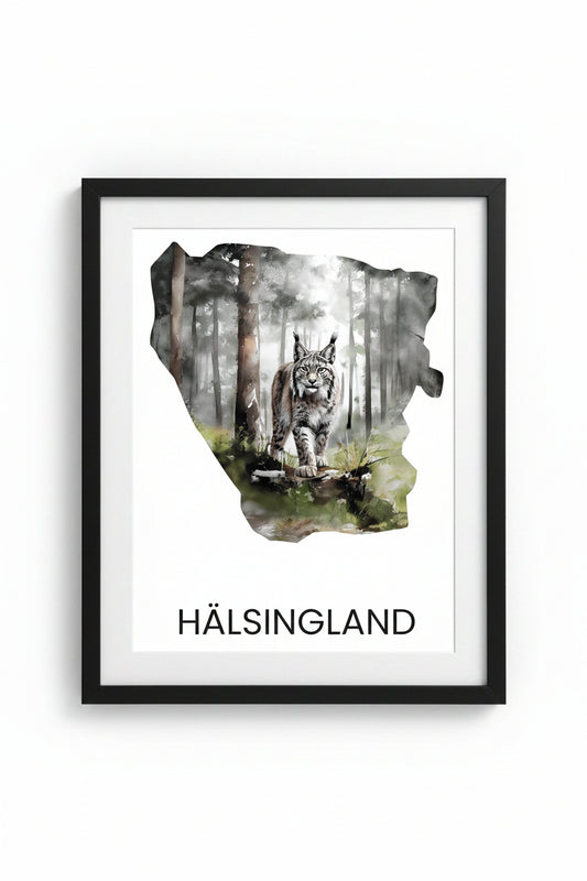 Landskapsposter Hälsingland – silhuett med ikoniska djur och natur